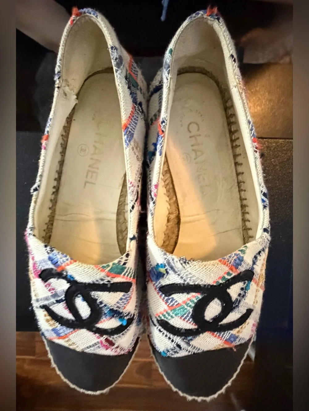 Authentic CHANEL Multicolor Tweed Espadrilles with Black Cap Toe